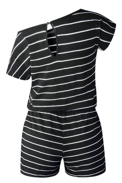 Striped Short Sleeve Drawstring Waist Romper - All Season Fashion
