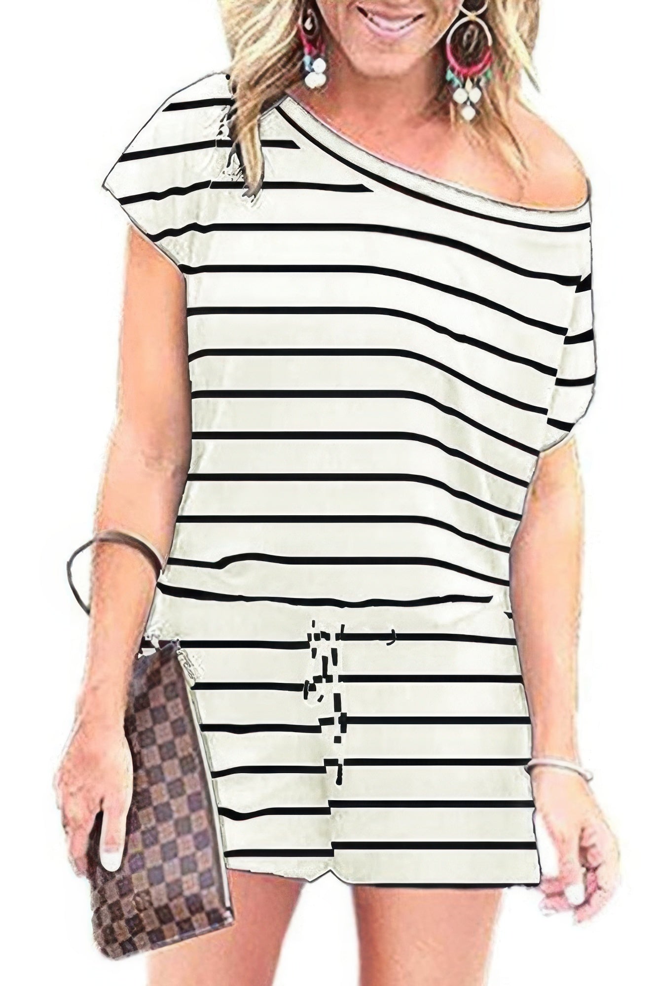 Striped Short Sleeve Drawstring Waist Romper - All Season Fashion