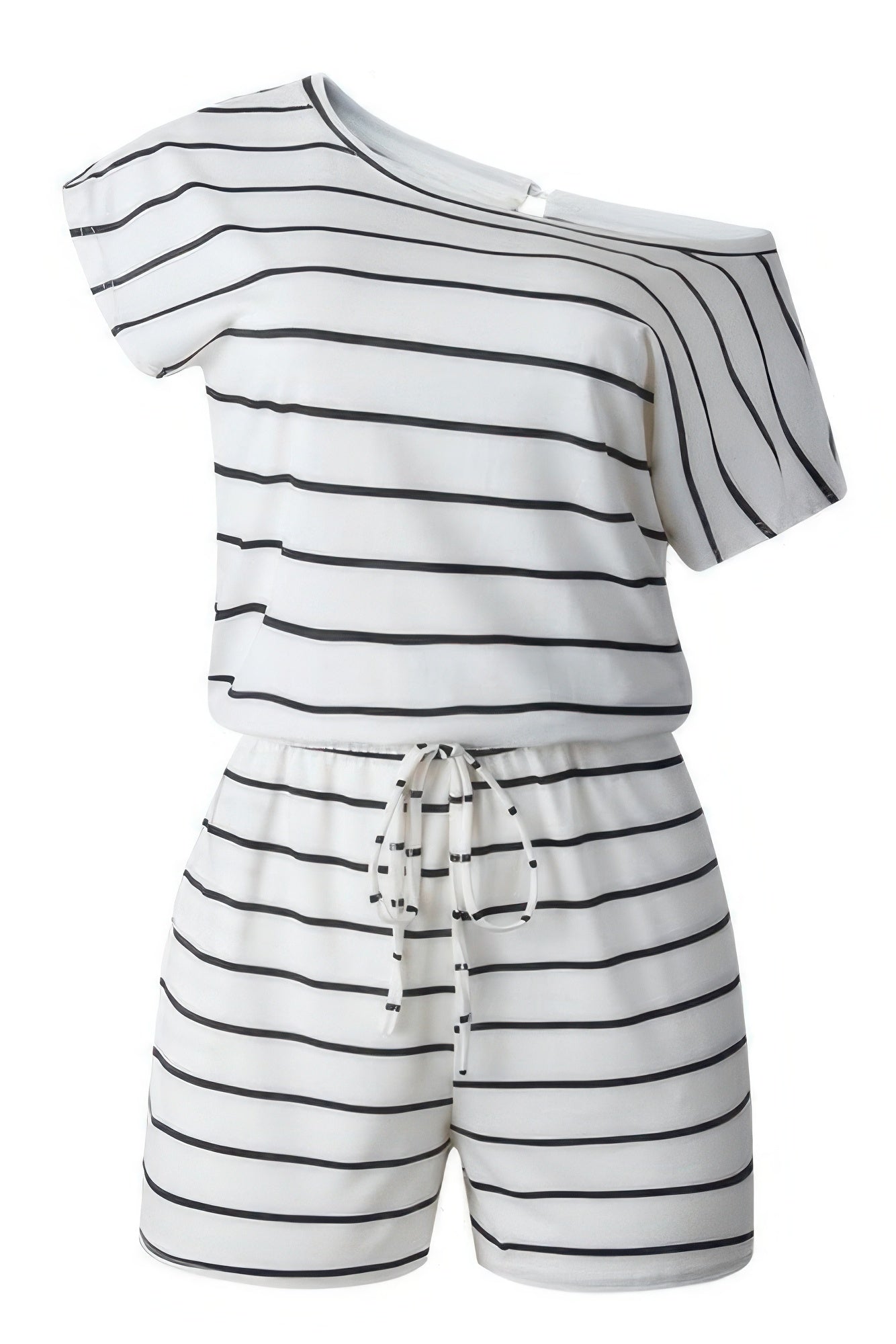 Striped Short Sleeve Drawstring Waist Romper - All Season Fashion