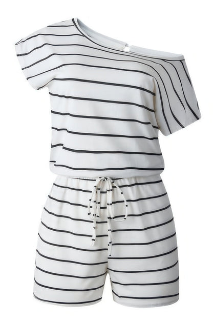 Striped Short Sleeve Drawstring Waist Romper - All Season Fashion