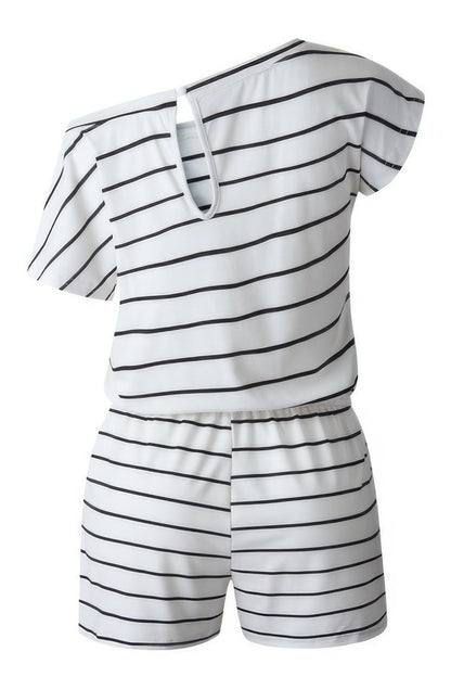 Striped Short Sleeve Drawstring Waist Romper - All Season Fashion