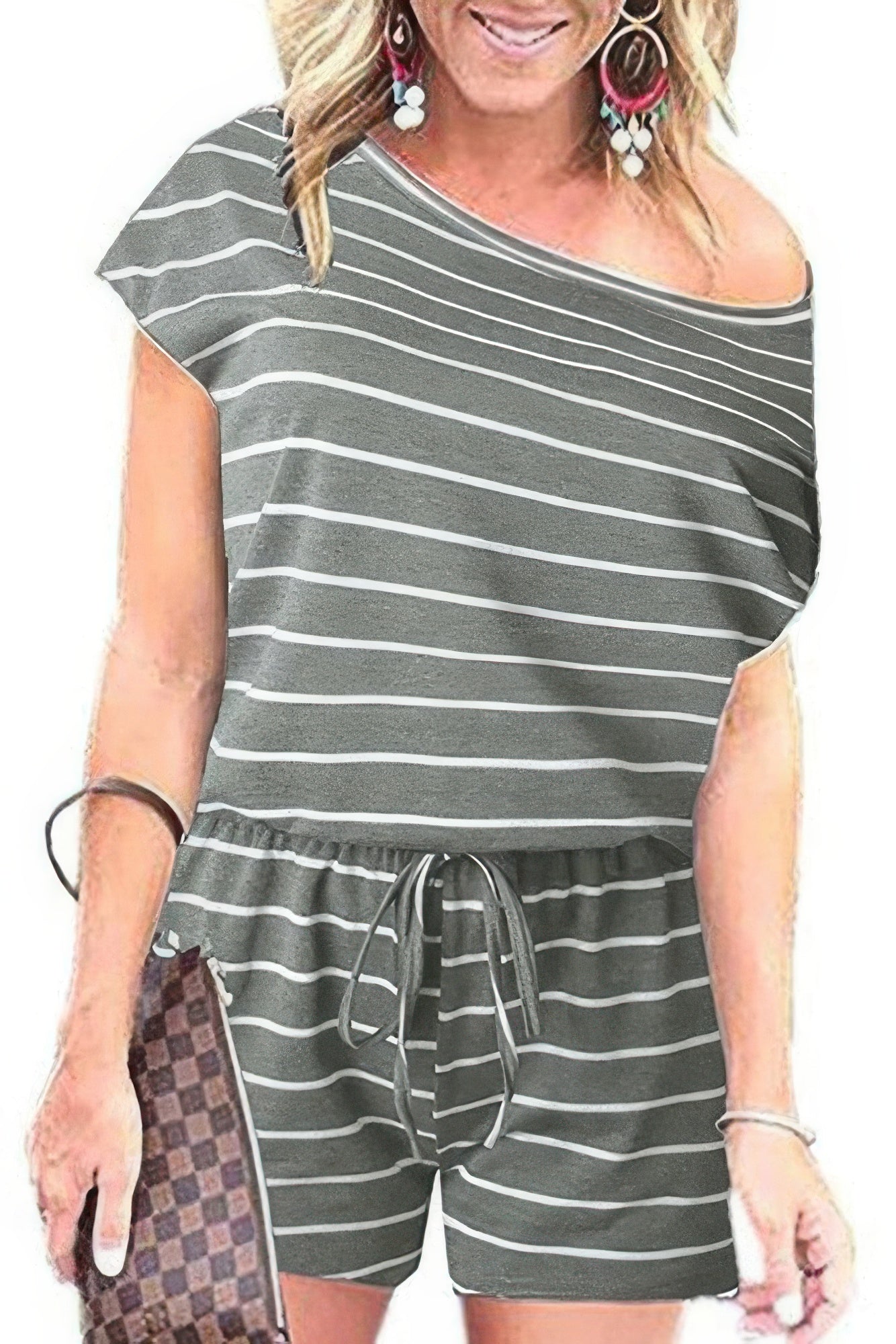 Striped Short Sleeve Drawstring Waist Romper - All Season Fashion