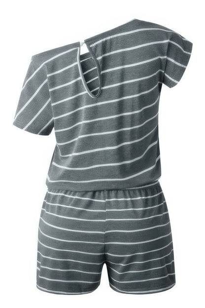 Striped Short Sleeve Drawstring Waist Romper - All Season Fashion