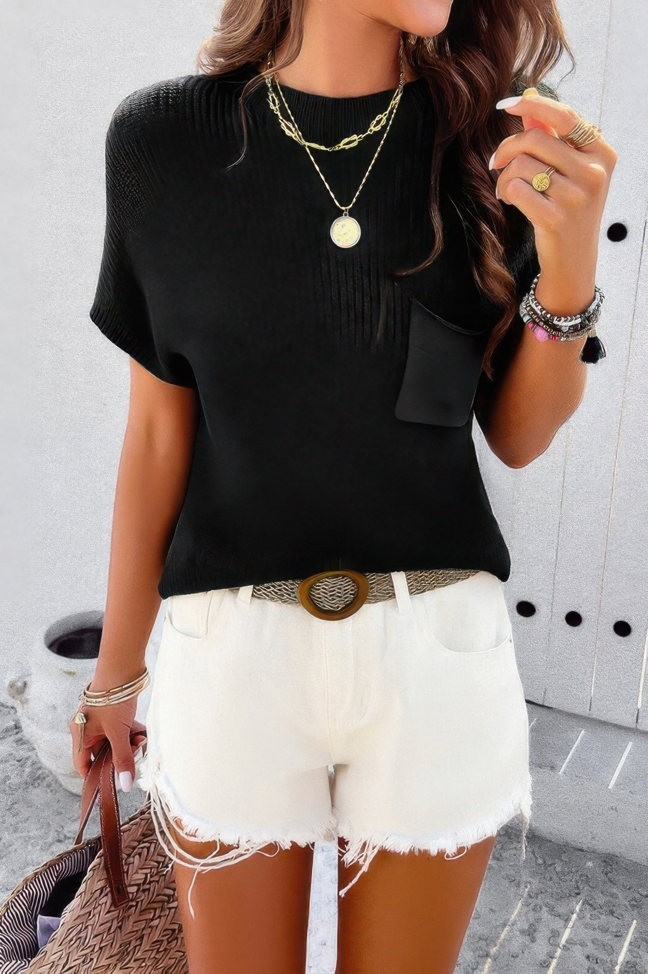 Solid Short Cap Sleeve Ribbed Knit Loose Top - All Season Fashion