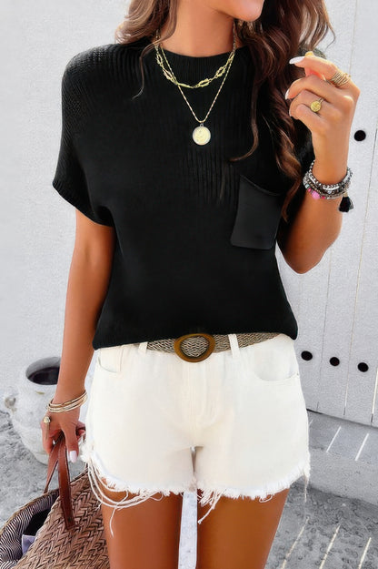 Solid Short Cap Sleeve Ribbed Knit Loose Top - All Season Fashion