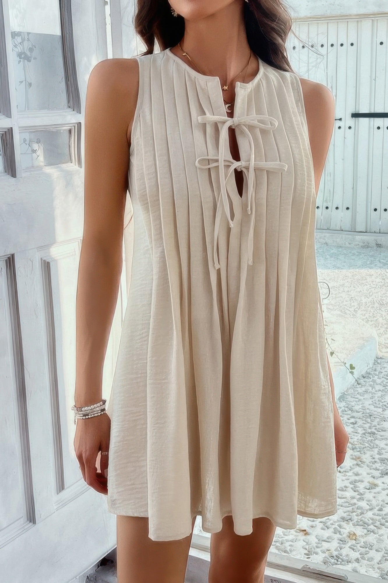 Solid Tie Knot Pleated Sleeveless Mini Dress - All Season Fashion