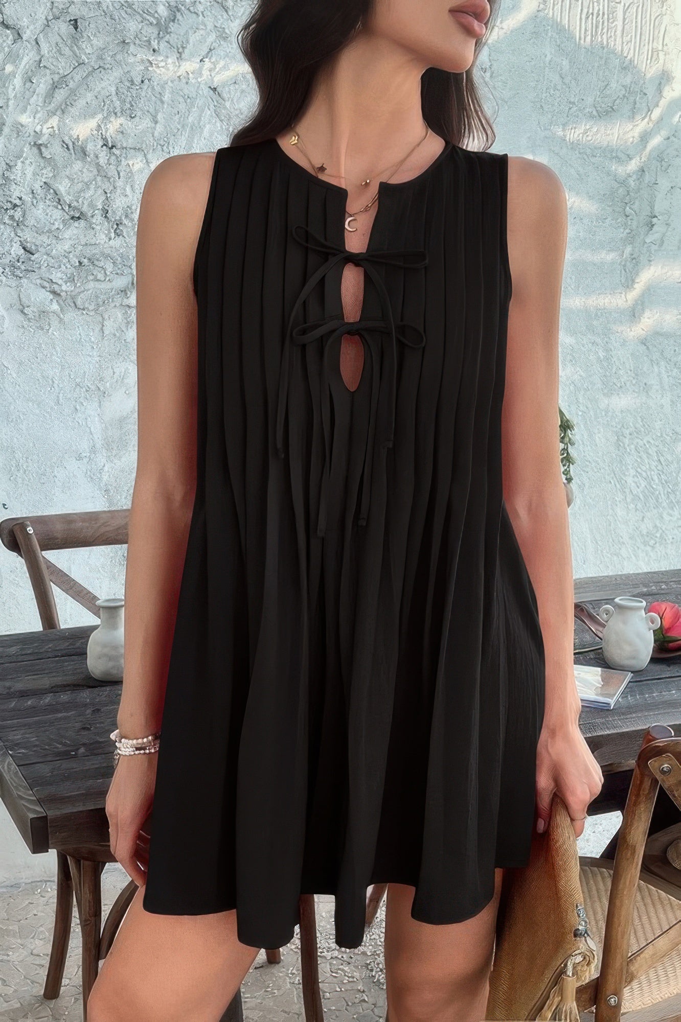 Solid Tie Knot Pleated Sleeveless Mini Dress - All Season Fashion