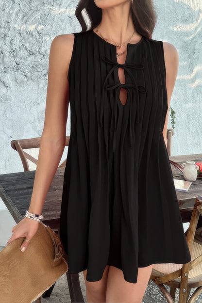 Solid Tie Knot Pleated Sleeveless Mini Dress - All Season Fashion