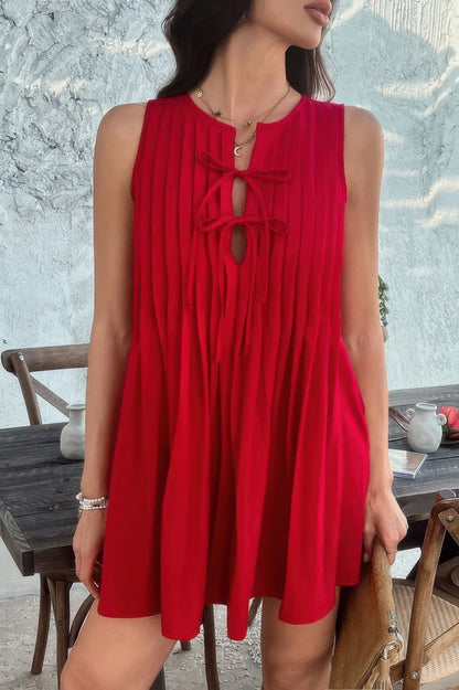 Solid Tie Knot Pleated Sleeveless Mini Dress - All Season Fashion