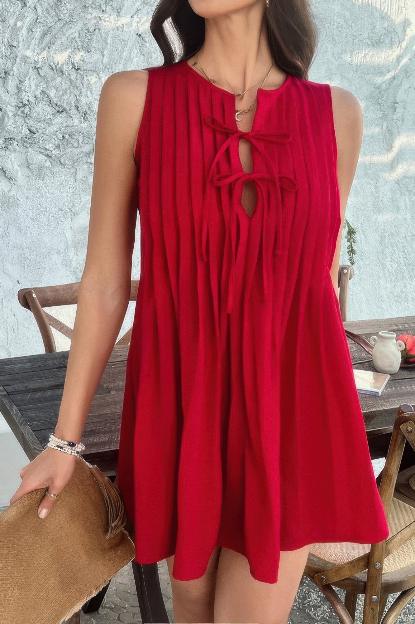 Solid Tie Knot Pleated Sleeveless Mini Dress - All Season Fashion
