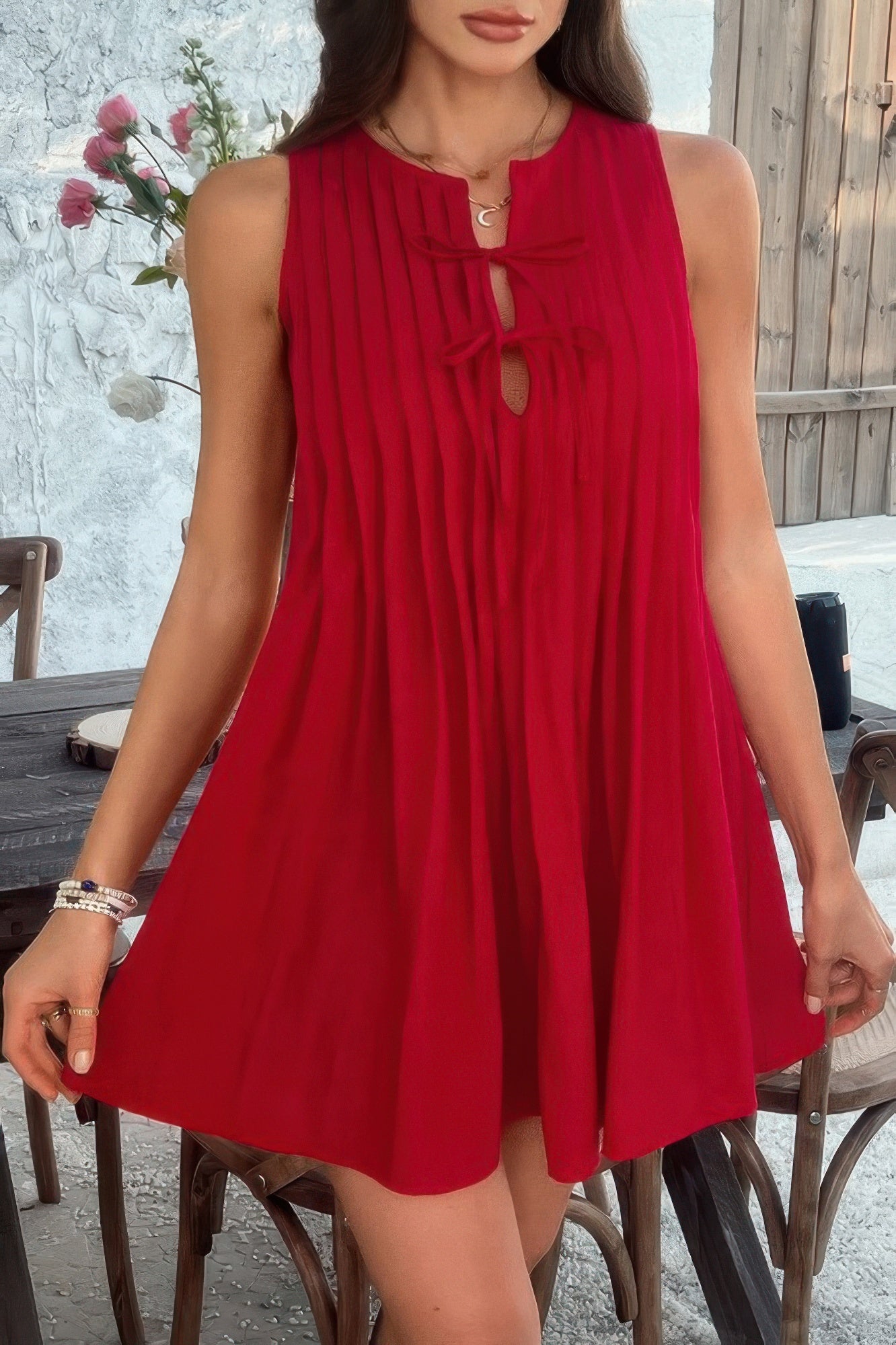 Solid Tie Knot Pleated Sleeveless Mini Dress - All Season Fashion