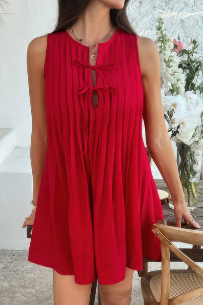 Solid Tie Knot Pleated Sleeveless Mini Dress - All Season Fashion