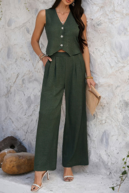 Solid V Neck Button Vest Pleated Suit Sets - All Season Fashion