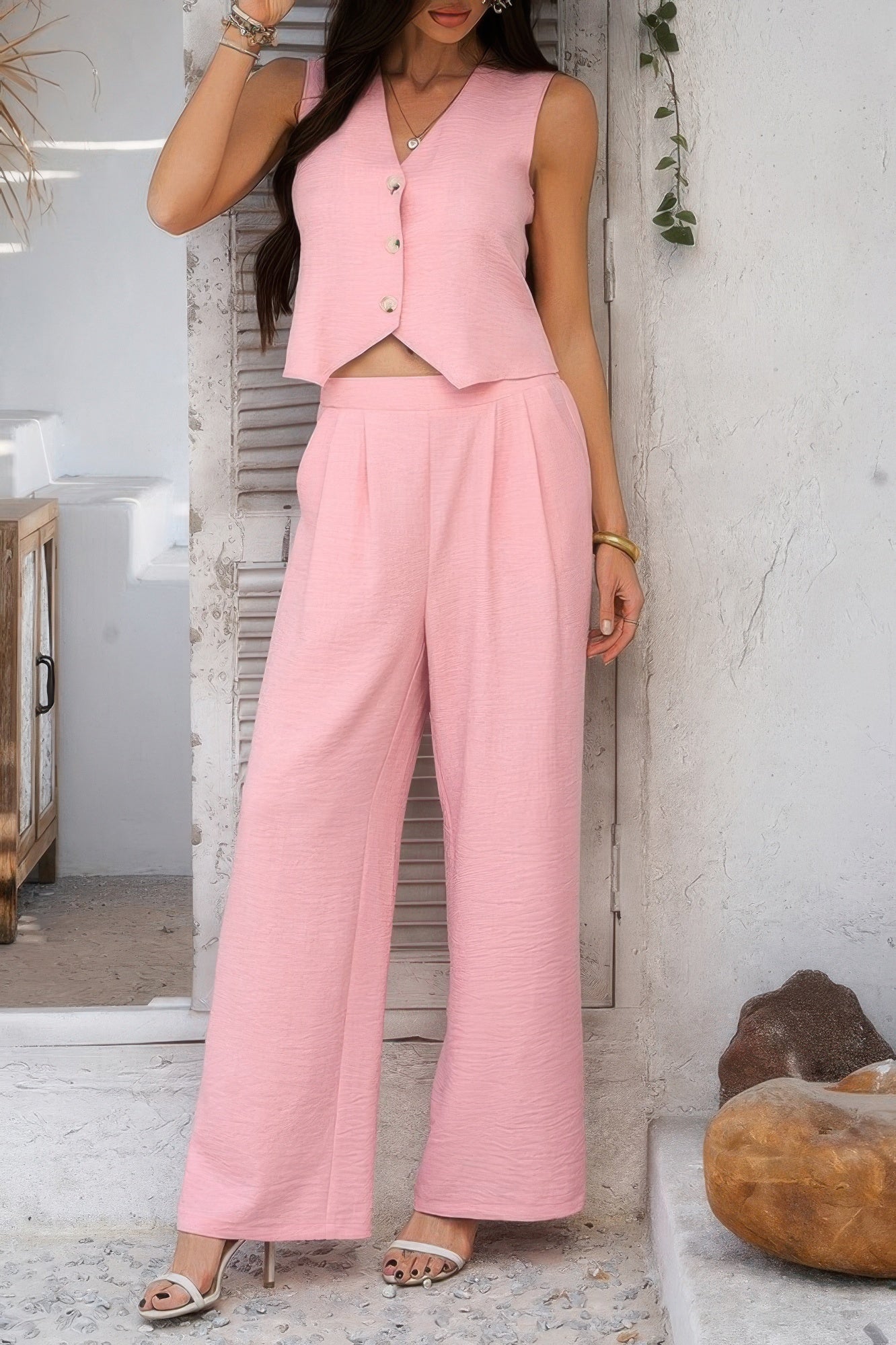 Solid V Neck Button Vest Pleated Suit Sets - All Season Fashion