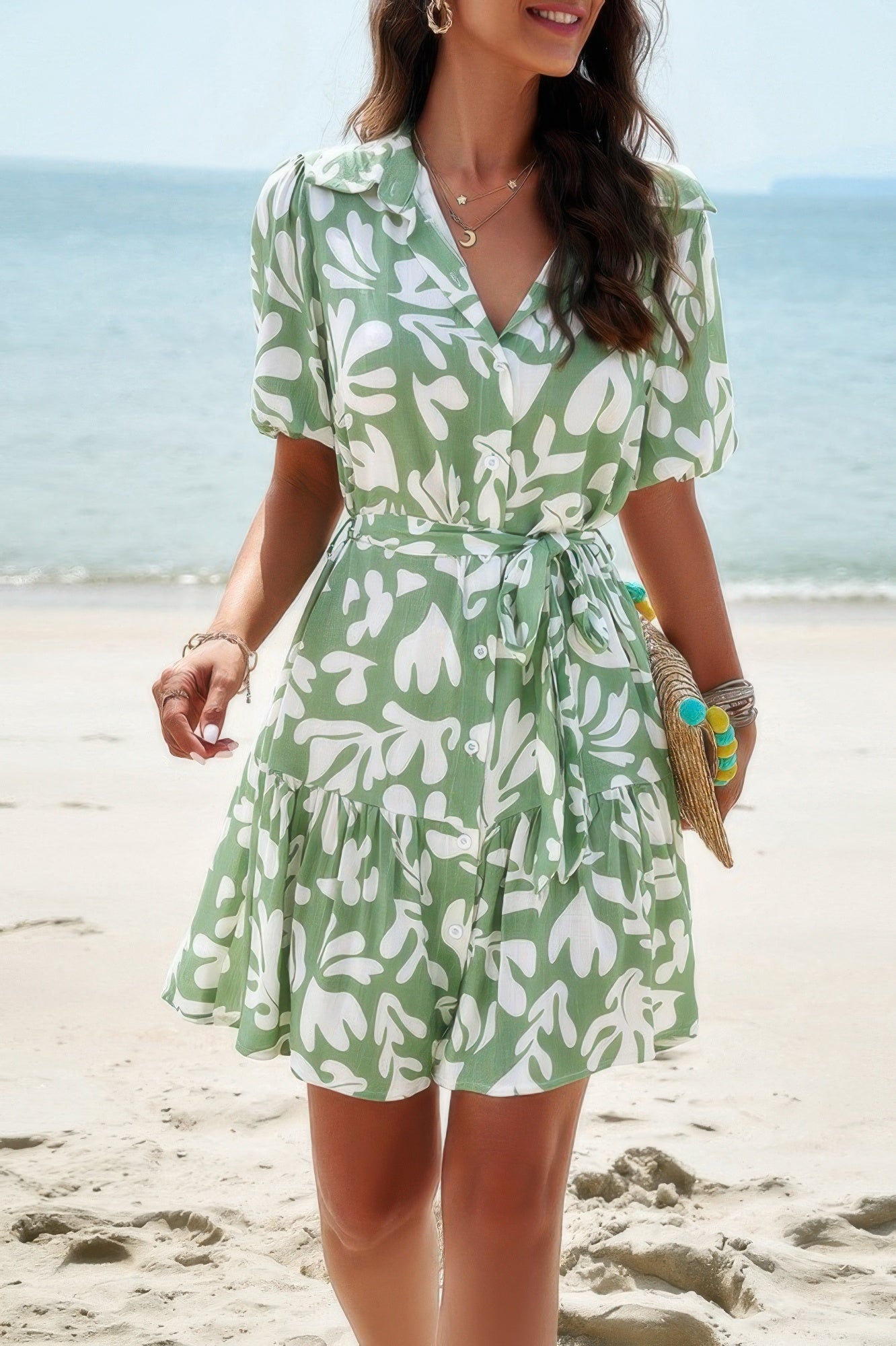 Random Print Button Down Belt Ruffle Midi Dress - All Season Fashion