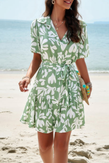 Random Print Button Down Belt Ruffle Midi Dress - All Season Fashion