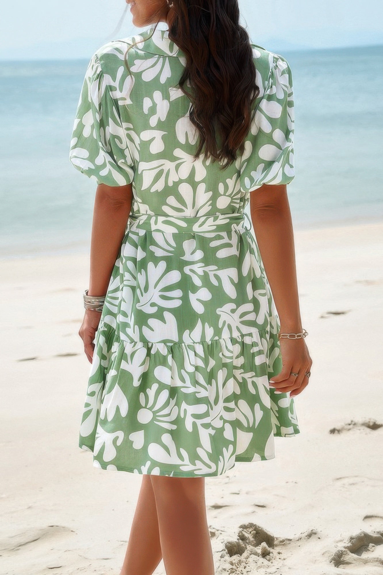 Random Print Button Down Belt Ruffle Midi Dress - All Season Fashion