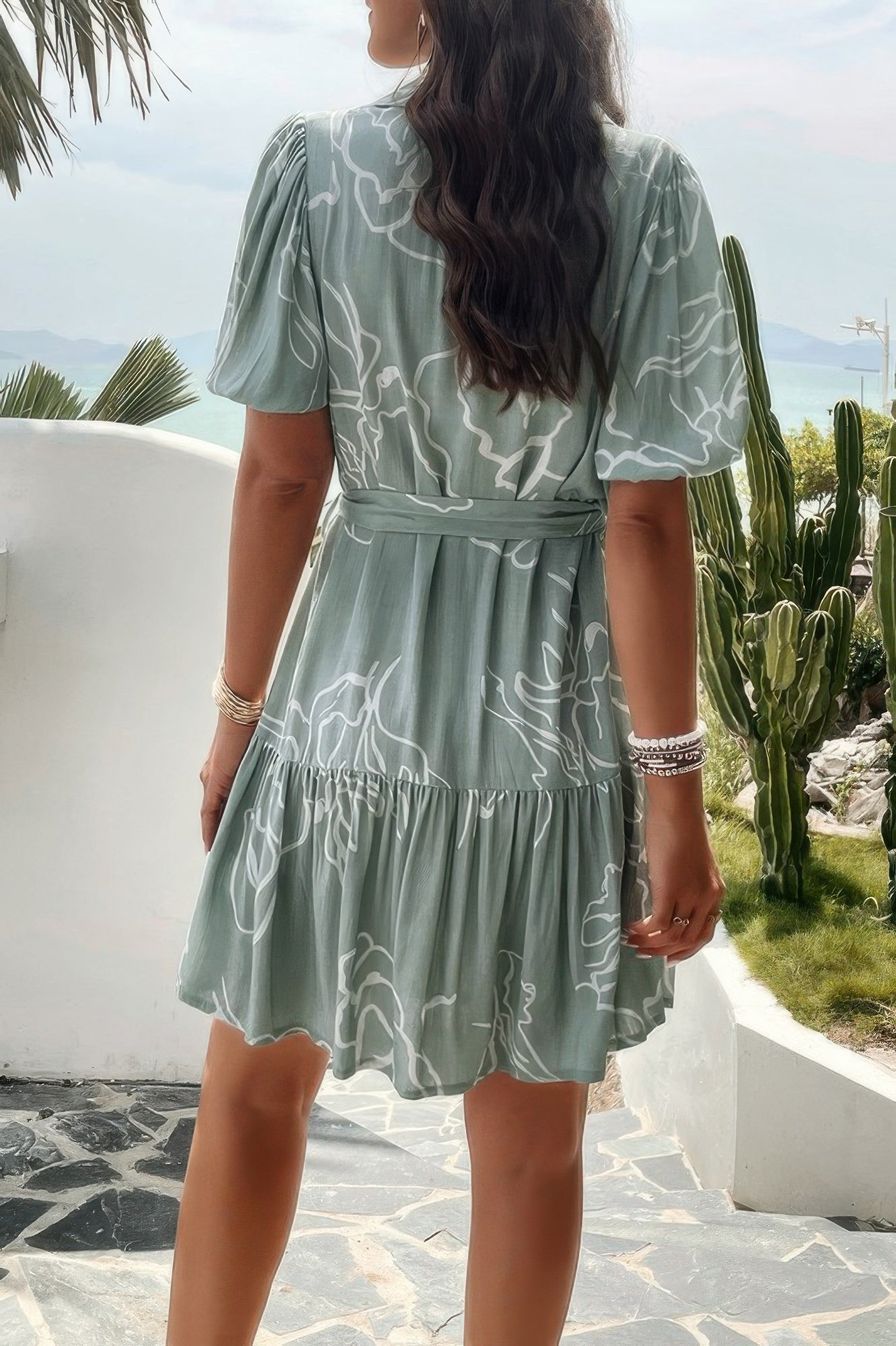 Random Print Button Down Belt Ruffle Midi Dress - All Season Fashion