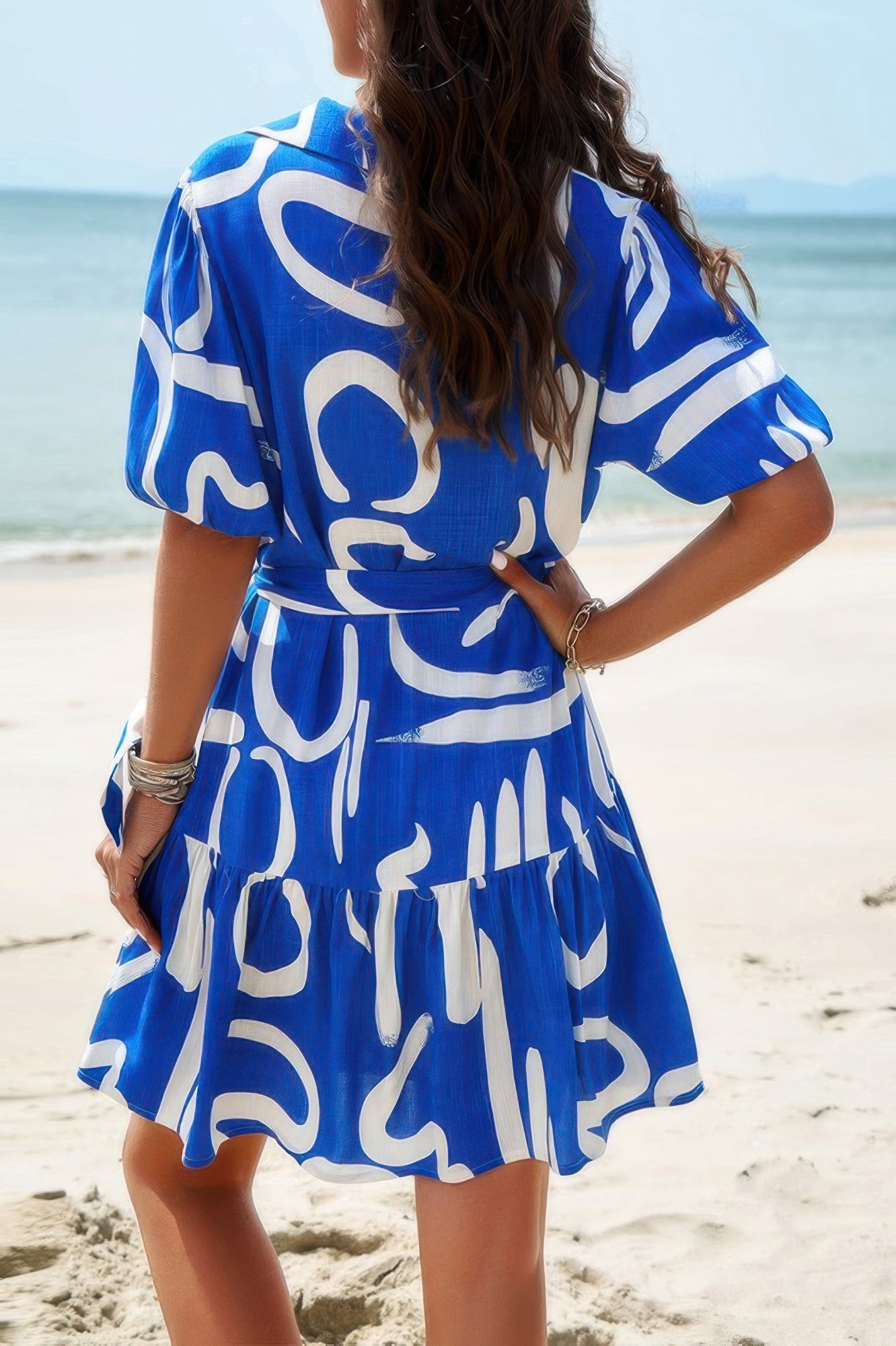 Random Print Button Down Belt Ruffle Midi Dress - All Season Fashion