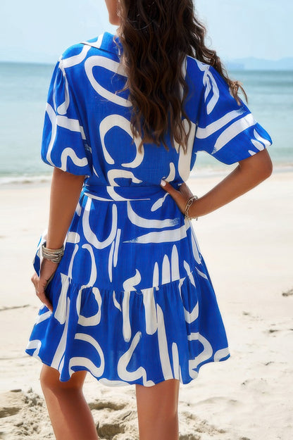 Random Print Button Down Belt Ruffle Midi Dress - All Season Fashion