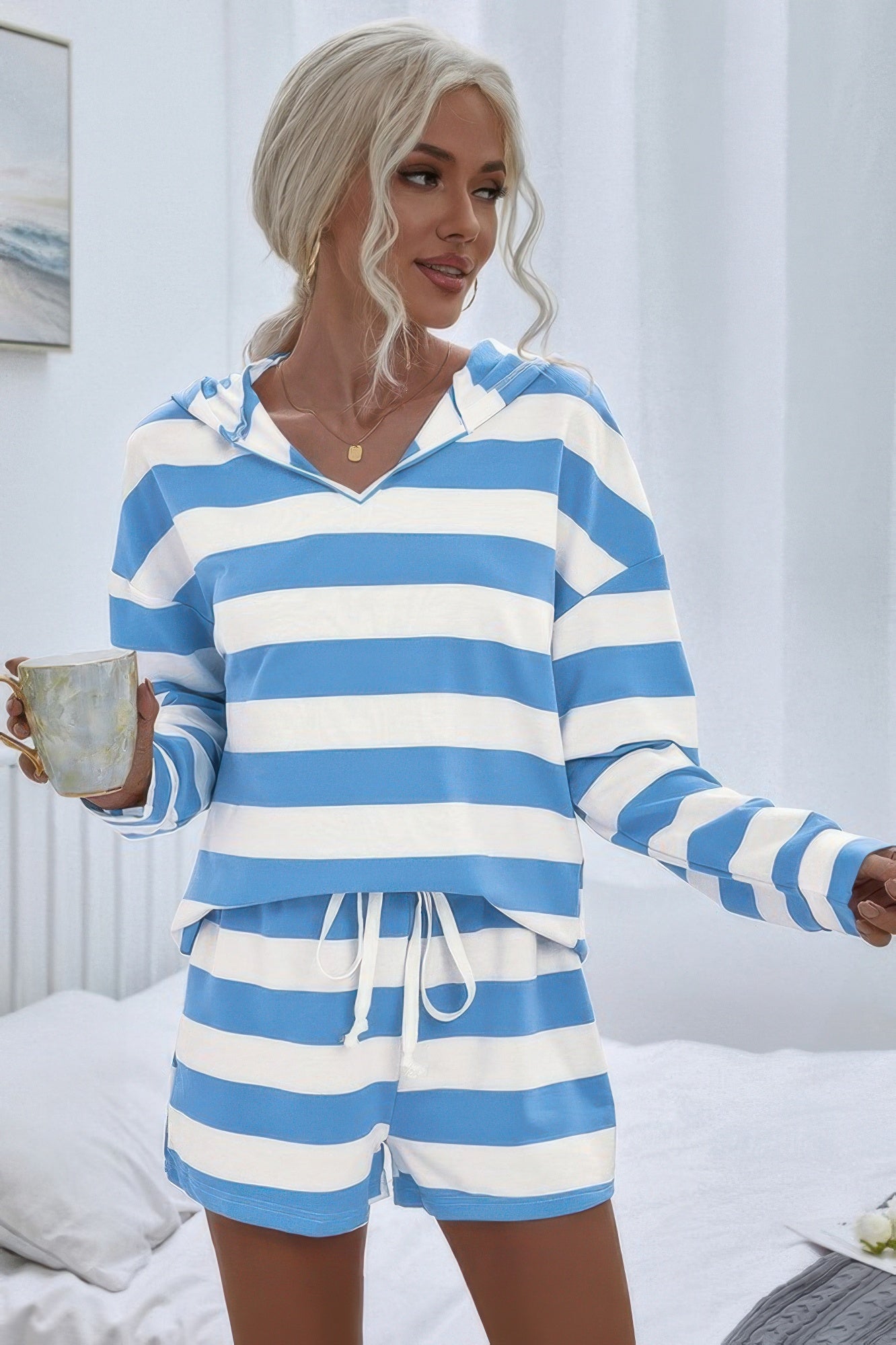 Two Pieces Striped Pajama Oversized Long Sleeves Set - All Season Fashion