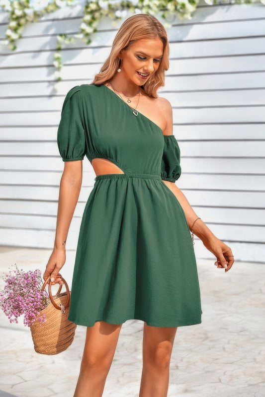One Shoulder Puff Sleeve Fit Flare Short Dress - All Season Fashion