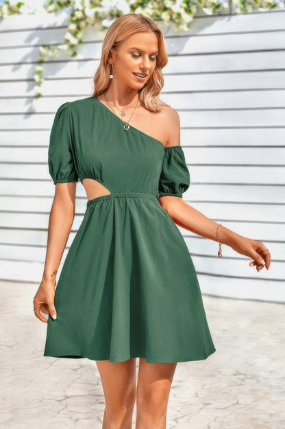 One Shoulder Puff Sleeve Fit Flare Short Dress - All Season Fashion