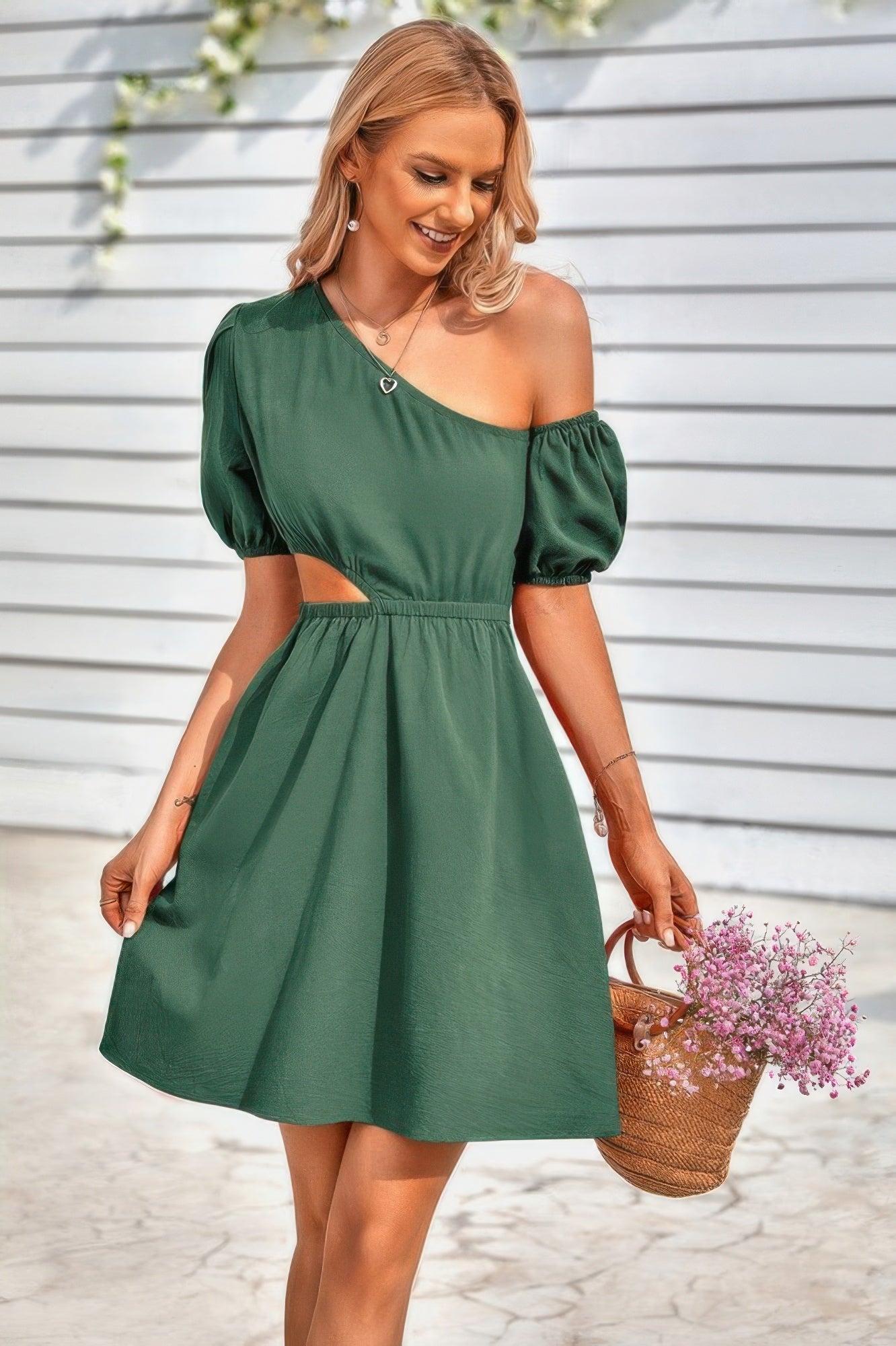 One Shoulder Puff Sleeve Fit Flare Short Dress - All Season Fashion