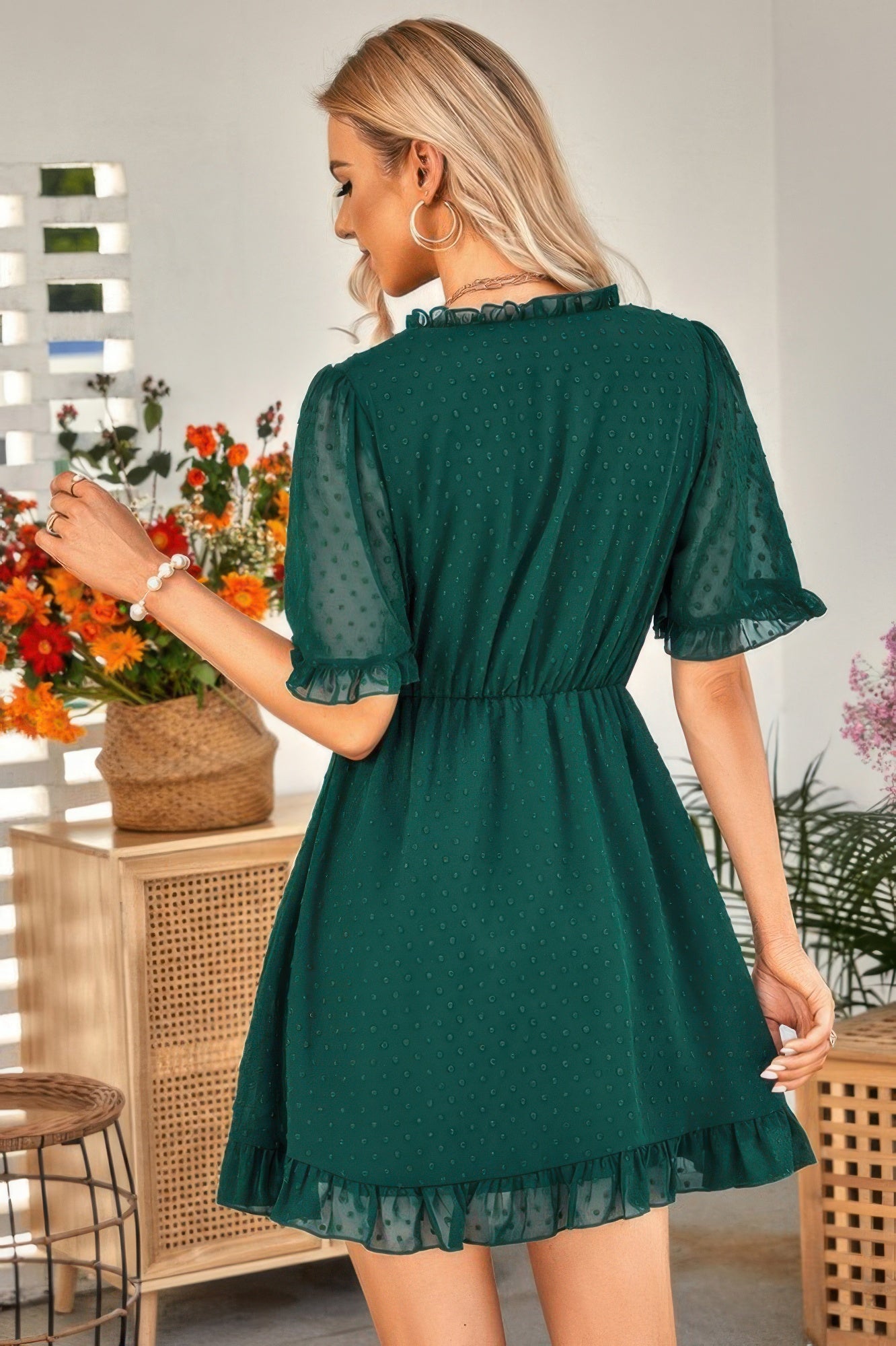 Solid Ruffle Hem Swiss Dot Short Sleeve Midi Dress - All Season Fashion