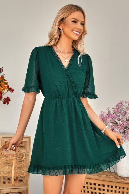 Solid Ruffle Hem Swiss Dot Short Sleeve Midi Dress - All Season Fashion