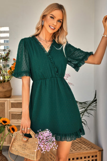 Solid Ruffle Hem Swiss Dot Short Sleeve Midi Dress - All Season Fashion