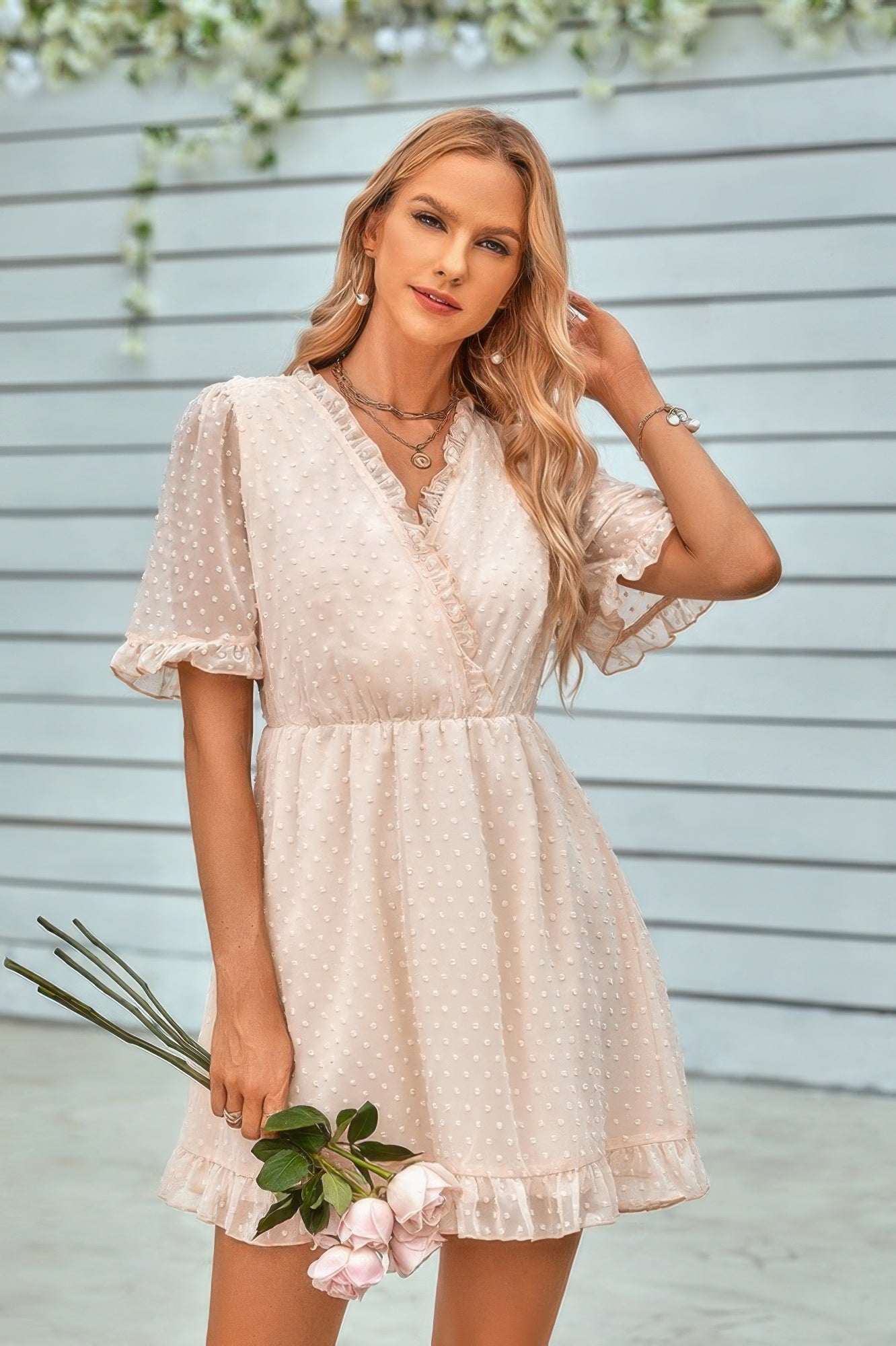 Solid Ruffle Hem Swiss Dot Short Sleeve Midi Dress - All Season Fashion