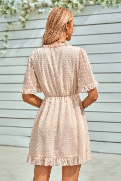 Solid Ruffle Hem Swiss Dot Short Sleeve Midi Dress - All Season Fashion