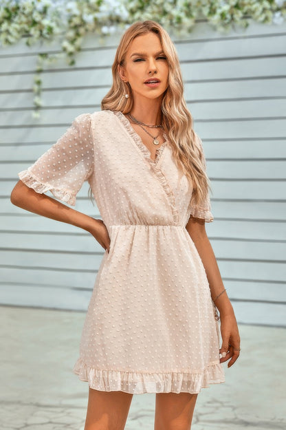 Solid Ruffle Hem Swiss Dot Short Sleeve Midi Dress - All Season Fashion