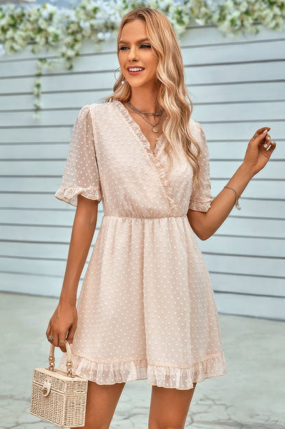 Solid Ruffle Hem Swiss Dot Short Sleeve Midi Dress - All Season Fashion