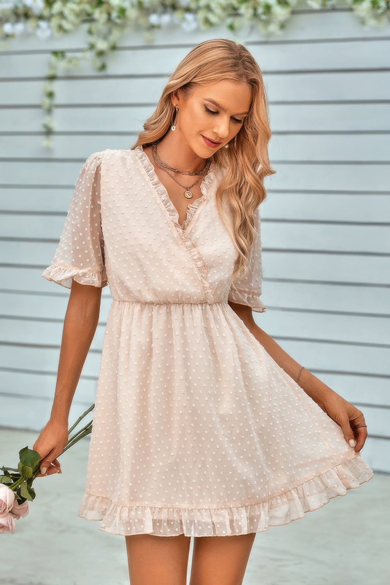 Solid Ruffle Hem Swiss Dot Short Sleeve Midi Dress - All Season Fashion
