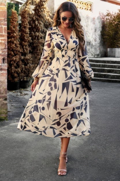 Boho V Neck A Line High Waist Long Sleeve Dress - All Season Fashion