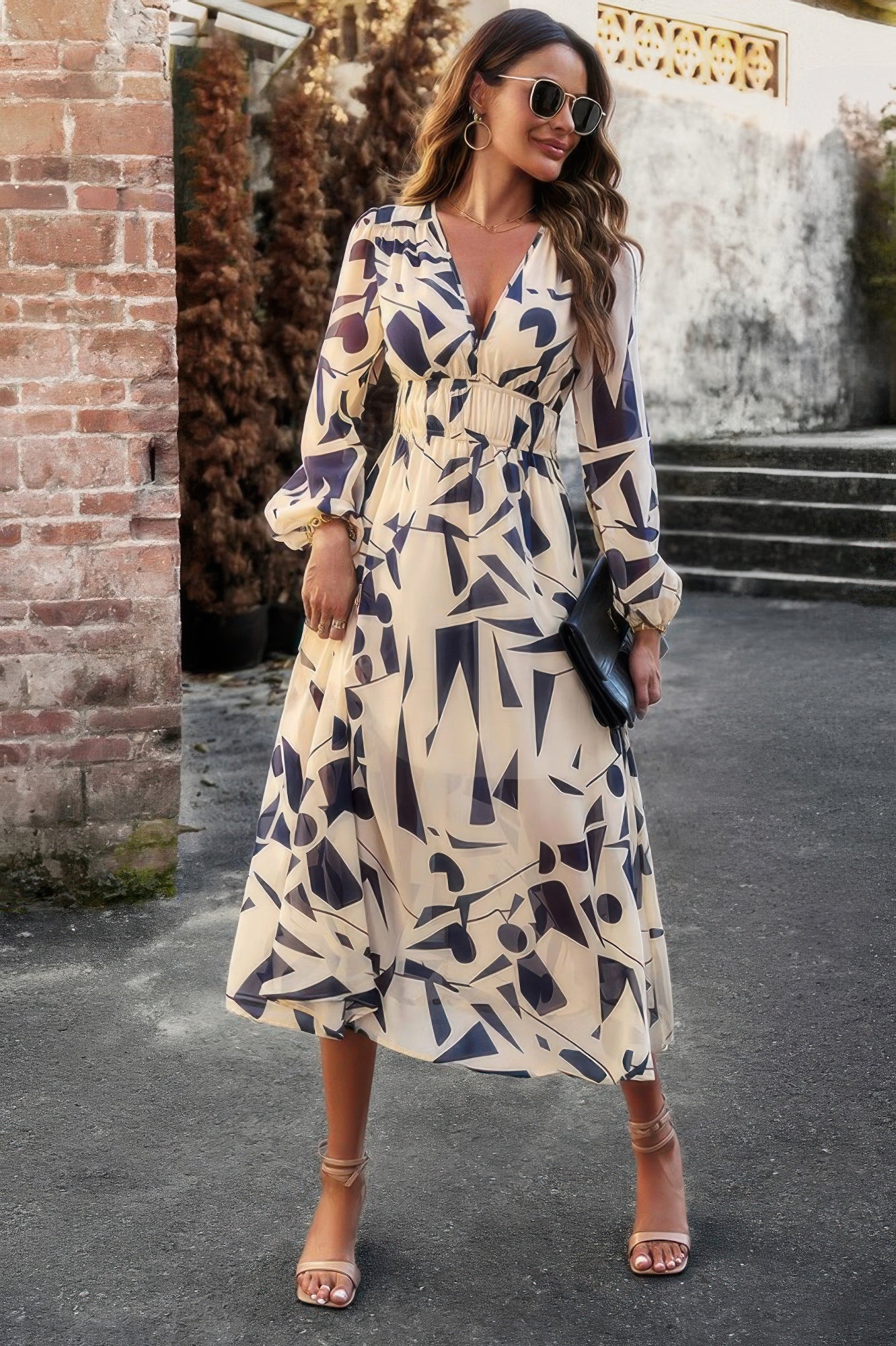 Boho V Neck A Line High Waist Long Sleeve Dress - All Season Fashion