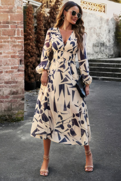 Boho V Neck A Line High Waist Long Sleeve Dress - All Season Fashion