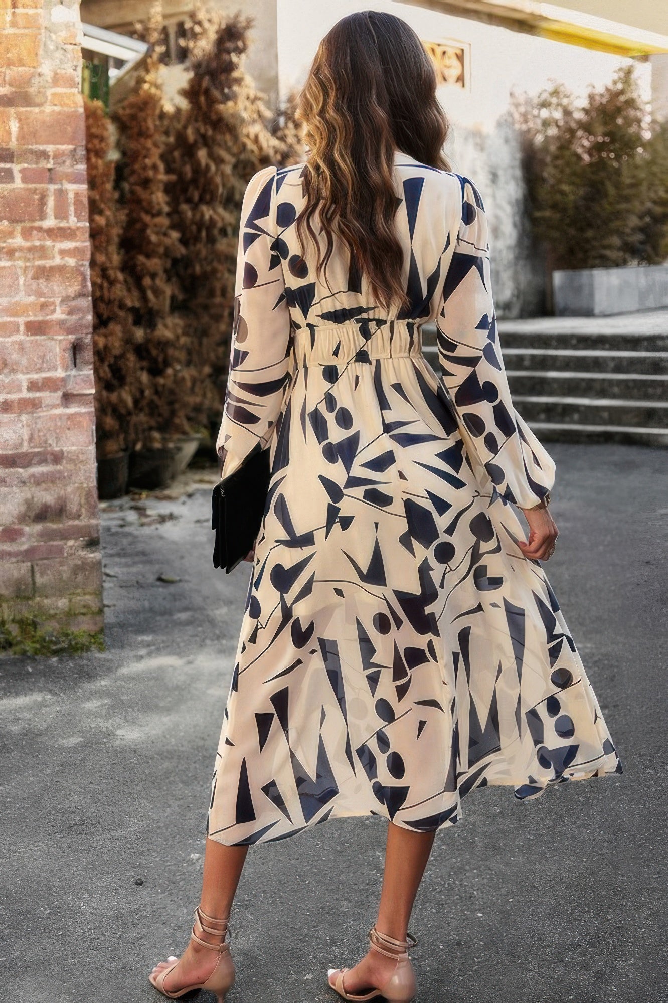Boho V Neck A Line High Waist Long Sleeve Dress - All Season Fashion