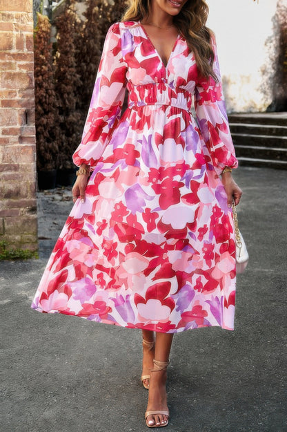 Boho V Neck A Line High Waist Long Sleeve Dress - All Season Fashion