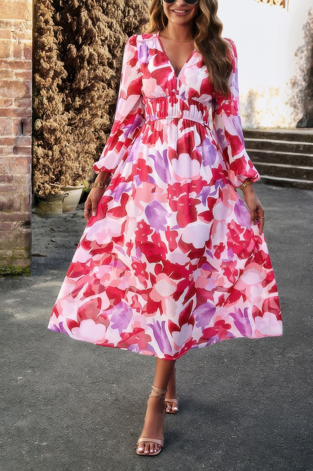 Boho V Neck A Line High Waist Long Sleeve Dress - All Season Fashion