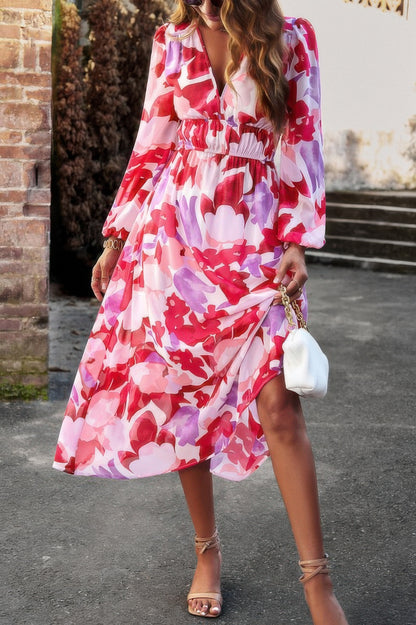 Boho V Neck A Line High Waist Long Sleeve Dress - All Season Fashion