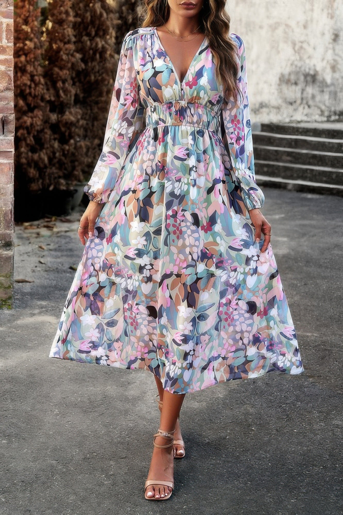 Boho V Neck A Line High Waist Long Sleeve Dress - All Season Fashion