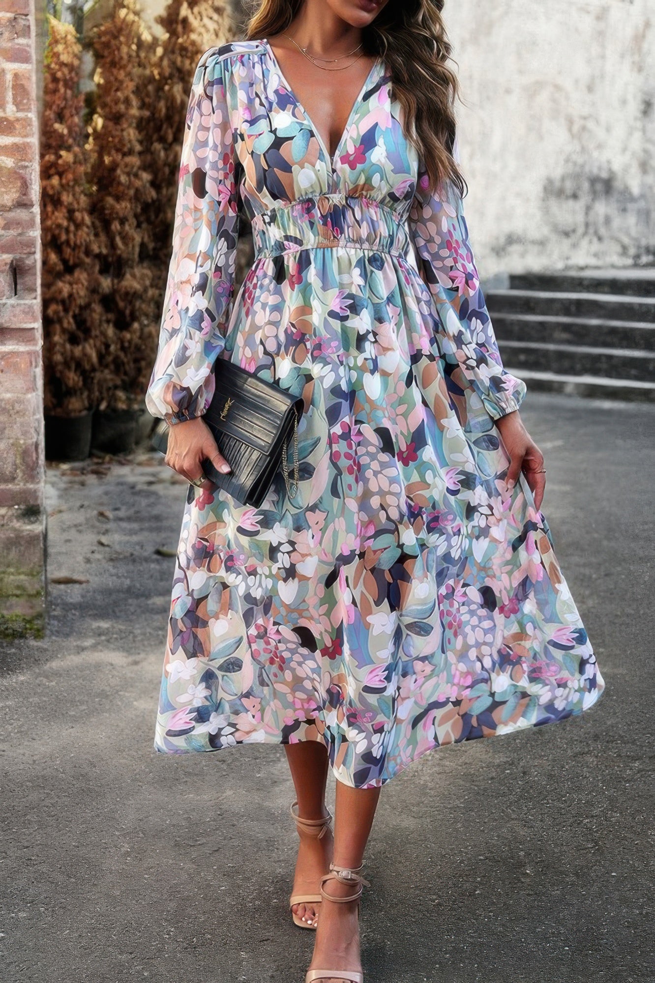 Boho V Neck A Line High Waist Long Sleeve Dress - All Season Fashion