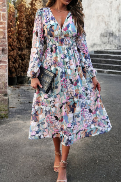 Boho V Neck A Line High Waist Long Sleeve Dress - All Season Fashion