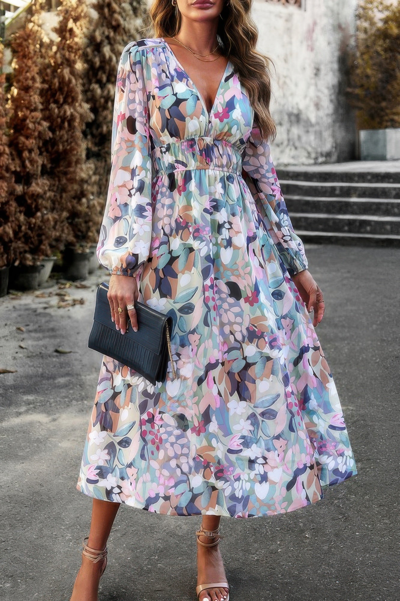 Boho V Neck A Line High Waist Long Sleeve Dress - All Season Fashion