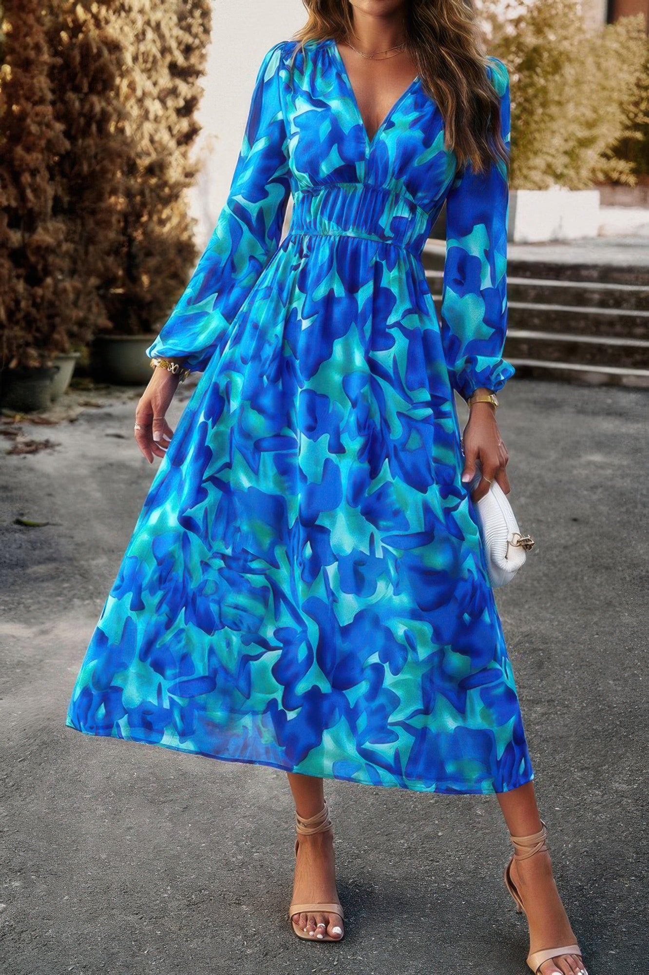Boho V Neck A Line High Waist Long Sleeve Dress - All Season Fashion