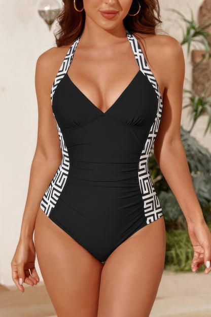 Printed Halter Deep V Neck Bodycon Swimsuit - All Season Fashion