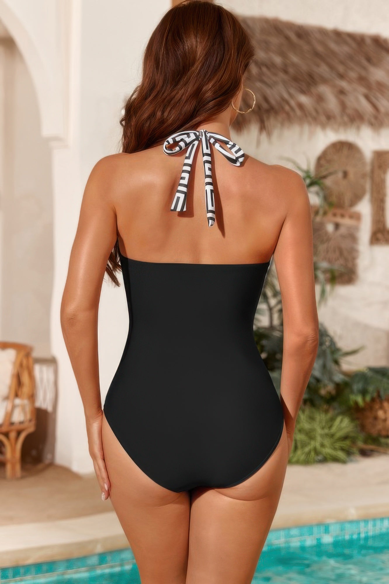 Printed Halter Deep V Neck Bodycon Swimsuit - All Season Fashion